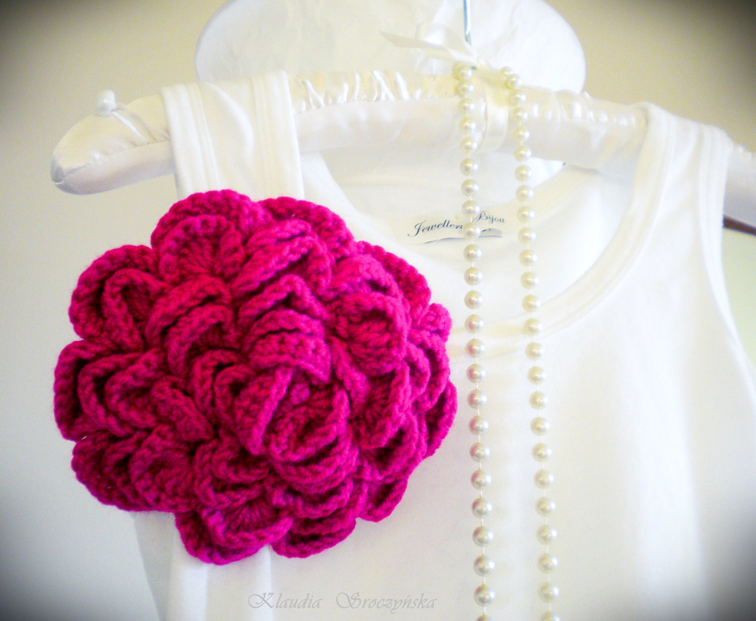 Extra Large Crochet Flower Brooch,Crocheted flower pin in fuchsia. - jewellerybijou