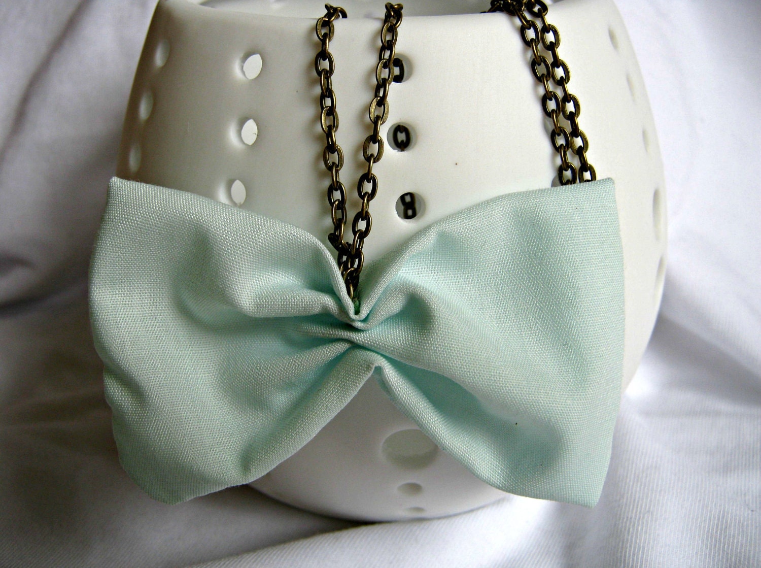 Mint Bow necklace Bow tie necklace - mint fabric bow pendant with chain