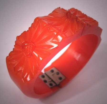 Vintage Carved Bakelite Bracelet Clamper Art Deco Floral Red-Orange