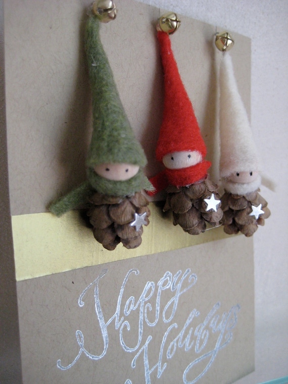 Tiny Pine Cone Elves -- set of 3 ornaments