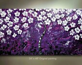 ORIGINAL White Purple Daisy Flower Painting Abstract Landscape Artwork Flowerscape Heavy Textured 48x24 Modern Contemporary art by OTO