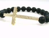 New-Style Vermeil Gold Sideways Cross Bracelet with CZ's