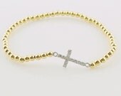Sideways Cross Cz Bracelet - Sterling Silver Cz Horizontal Cross - Kelly Ripa, Faith Jewelry, Gift, Bridesmaid, Mom, Sister Cross