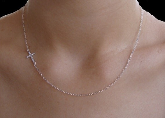 Sideways Cross Cz Necklace - Sterling Silver Cz Horizontal Cross - Kelly Ripa, Faith Jewelry, Gift, Bridesmaid Gifts