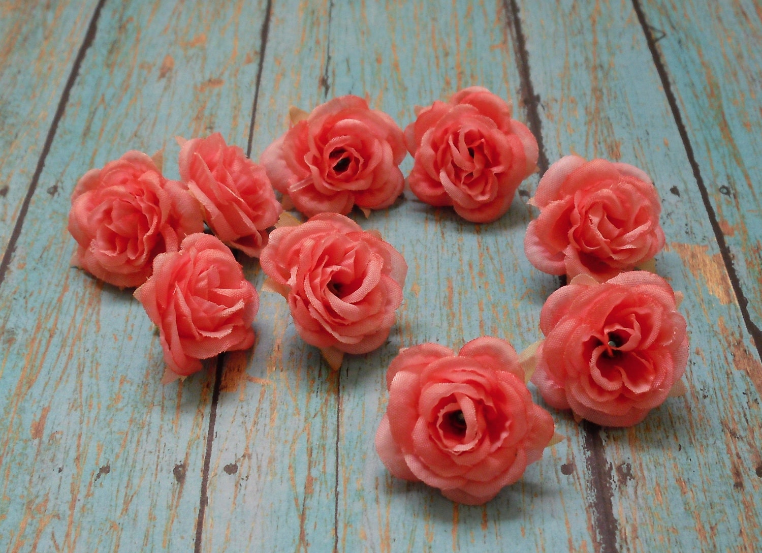 Silk Flowers - Nine Mini Roses in Peachy Pink - Small Flowers - Artificial Flowers