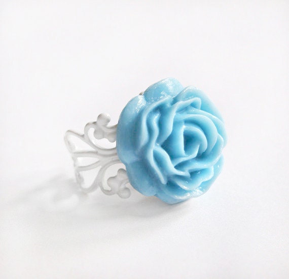 Something Blue Bridal Ring with Robins Egg Blue Rose on White Band in an ivory organza gift bag handmade bride wedding floral rose ring