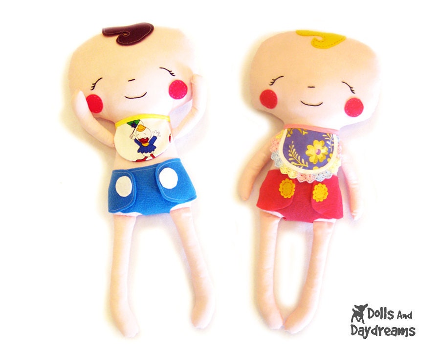 Baby Cloth Rag Doll PDF Sewing Pattern Dress Up Plushie Bib and Diaper patterns included