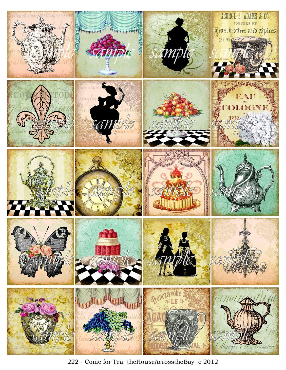 Come for Tea Digital Collage Sheet 2 inch Squares ACEO ATC Card Victorian Teapot Teacup Silhouettes Grunge Tag Magnets 222