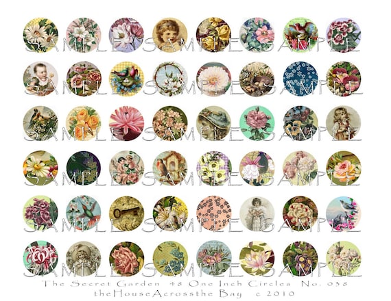 Secret Garden 48 One Inch Circles Digital Collage Sheet Victorian Flowers Children Birds 038