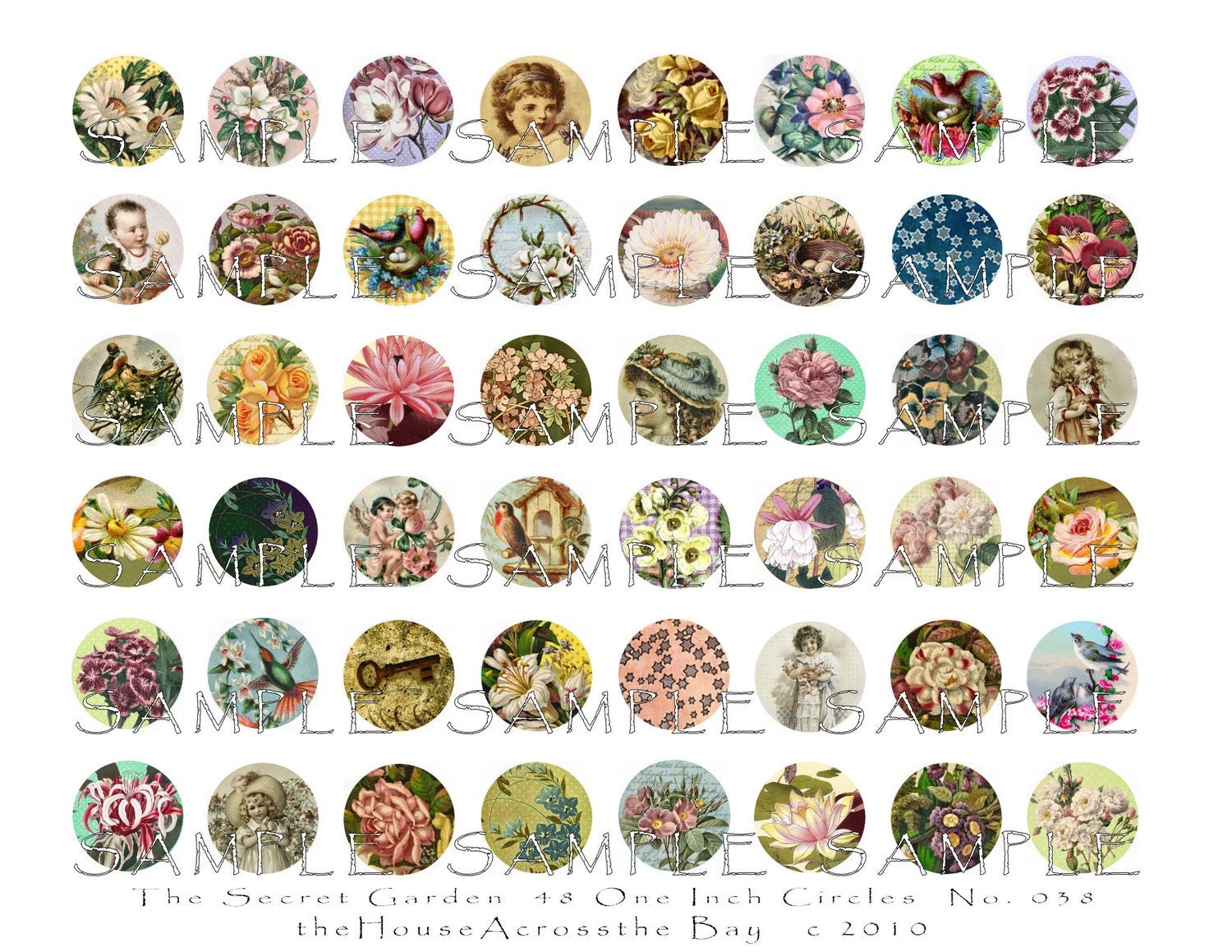 Secret Garden 48 One Inch Circles Digital Collage Sheet Victorian Flowers Children Birds 038
