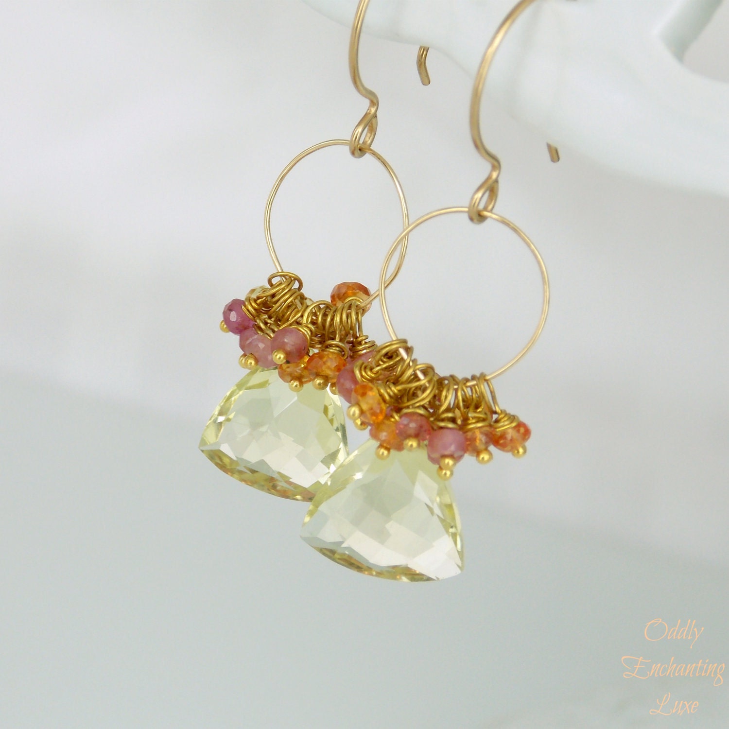Lemon Quartz Trilliant Cut Briolettes, Fancy Colored Sapphire, and Gold Earrings
