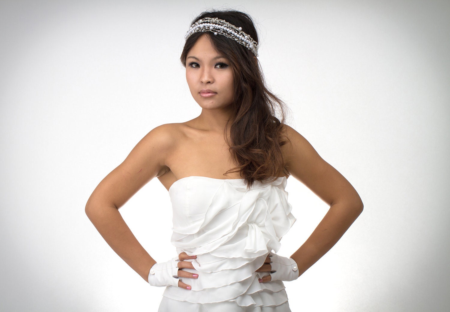 Bohemian Rhapsody crochet wire with pearls and crystals wedding tie headband