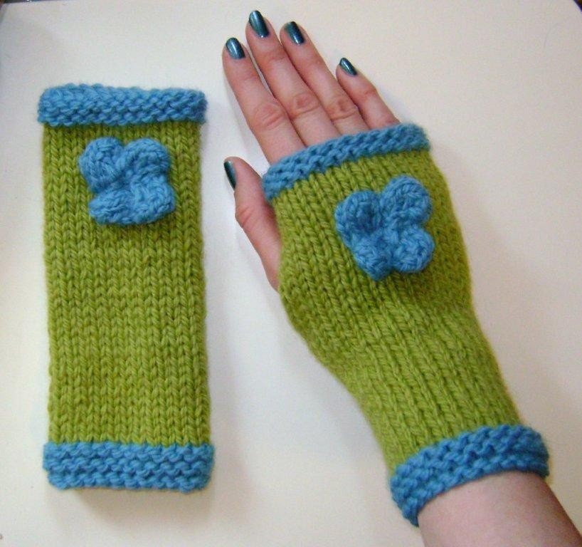 Fingerless Gloves / Mittens / Wrist Warmers in Lime Green & Teal Blue with Flower