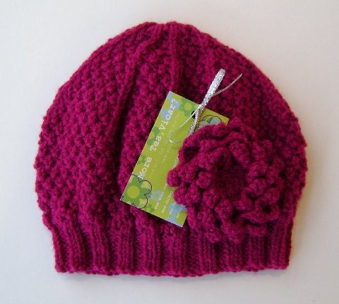 Ladies Hat in Dark Pink With Detachable Flower Brooch Hand Knitted