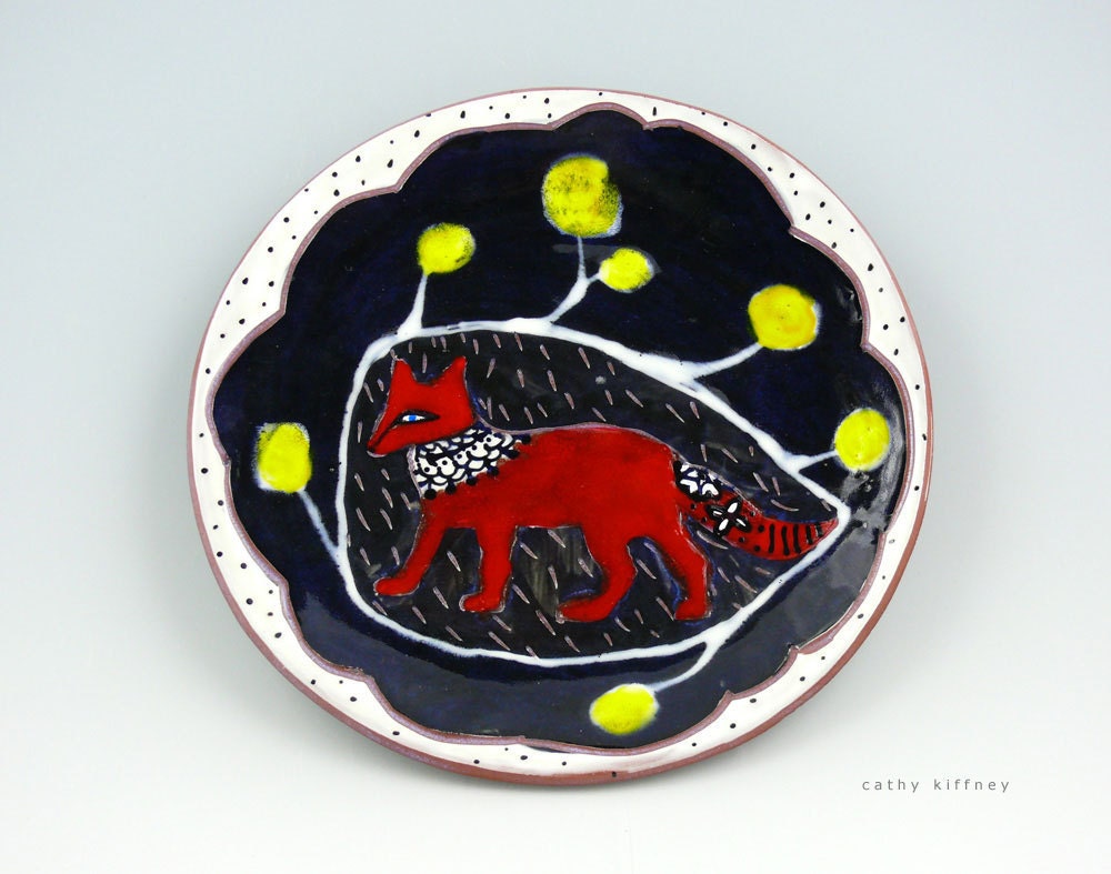 Red Fox, Yellow Flowers - Ceramic Plate by Cathy Kiffney wall hanging
