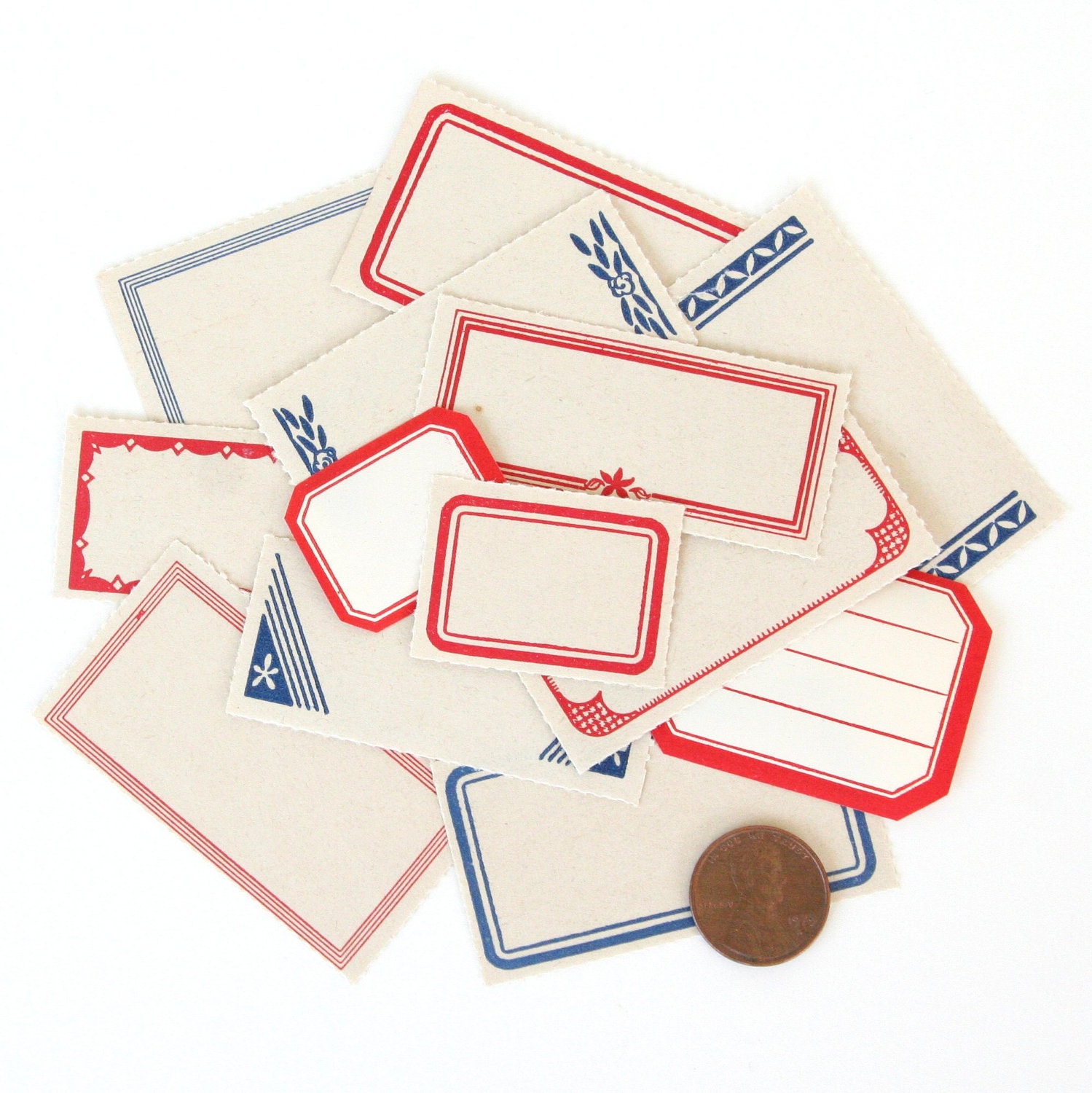 Vintage Red & Blue Gummed Labels - Set of 13