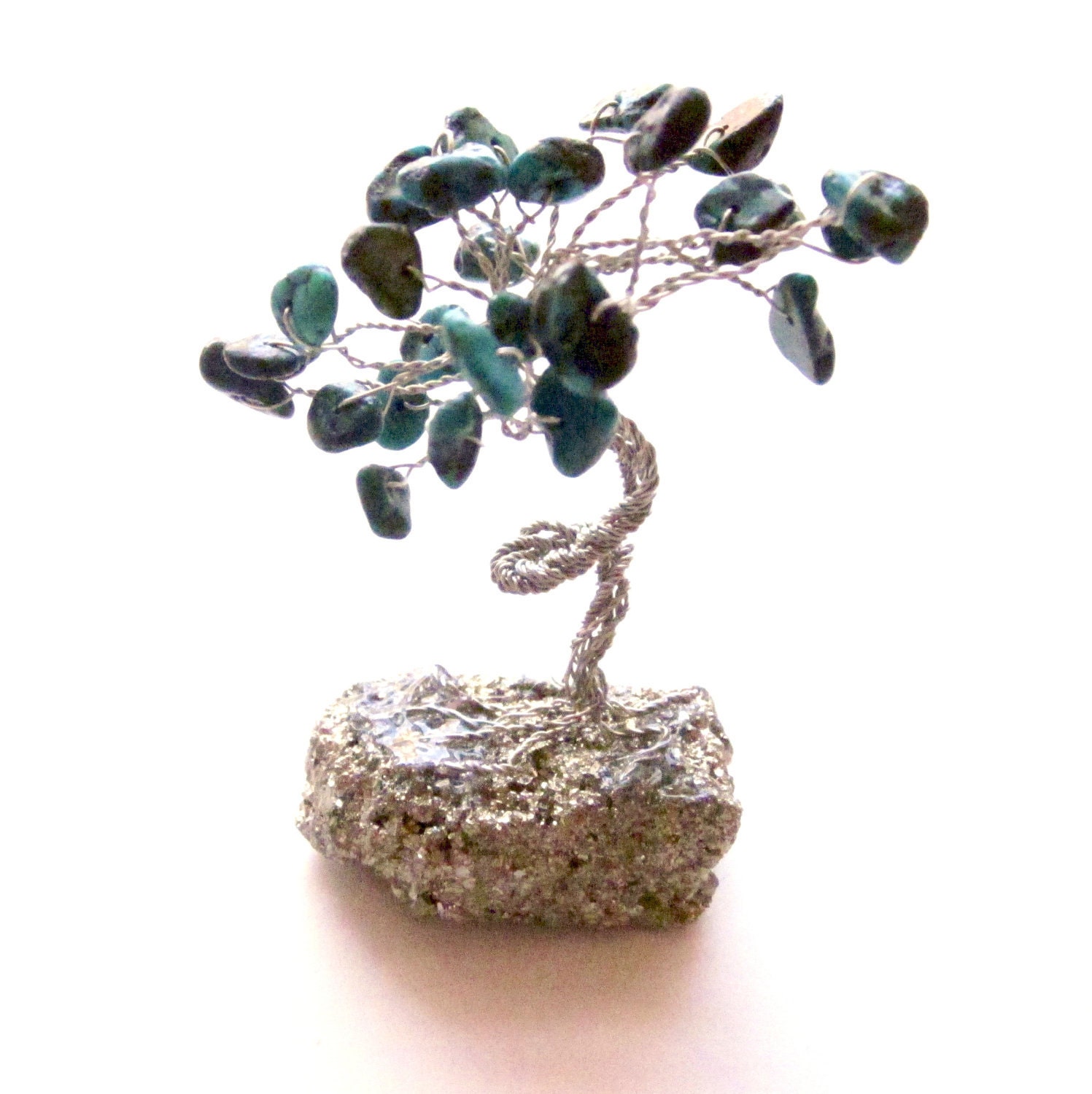 Miniature Turquoise Bonsai Gem Tree on Sparkling Iron Pyrite Base