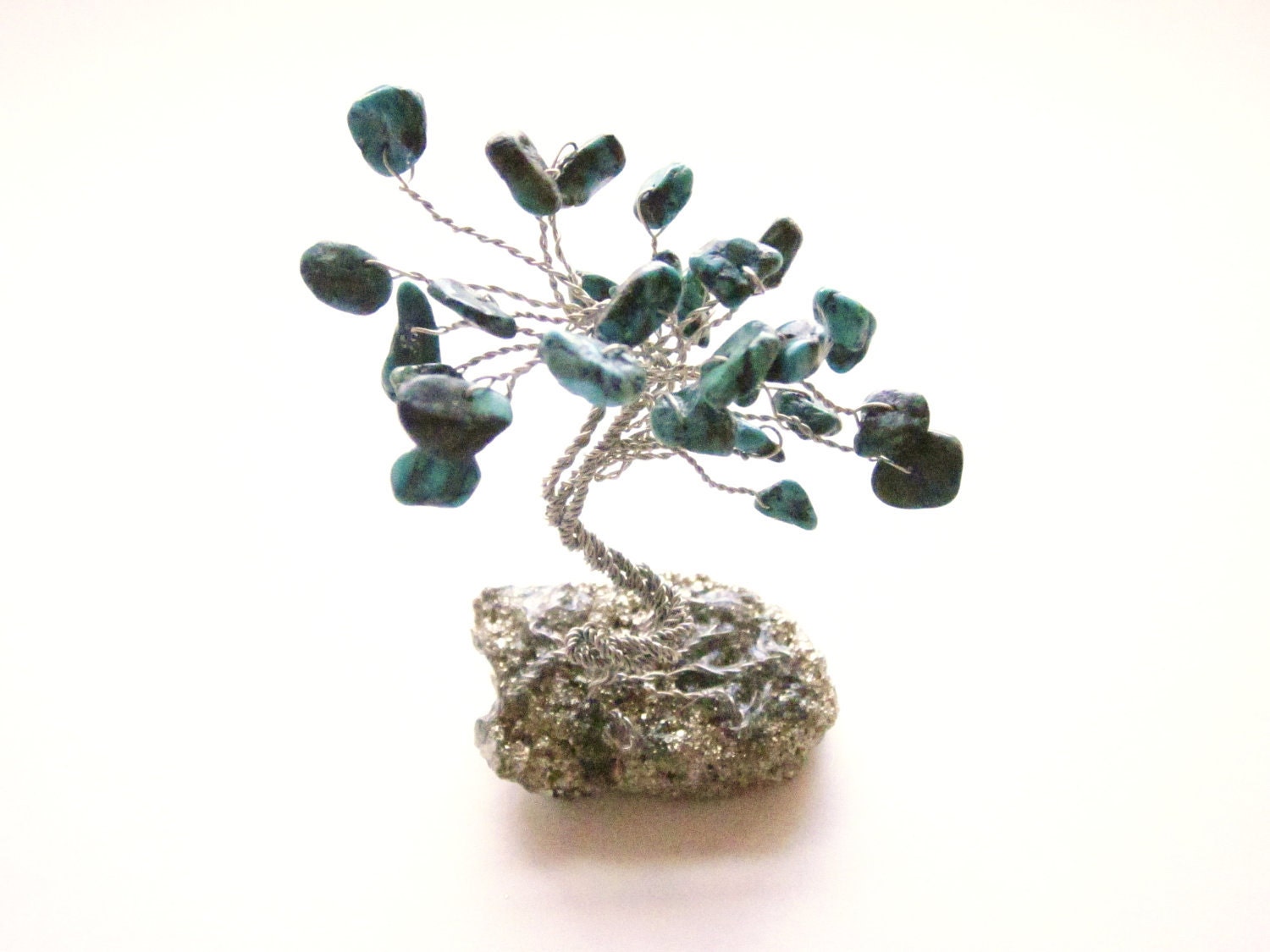 Miniature Turquoise Bonsai Gem Tree on Sparkling Iron Pyrite Base