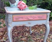 Painted French Side Table Shabby Cottage Gray Green Pink Gilt Distressed