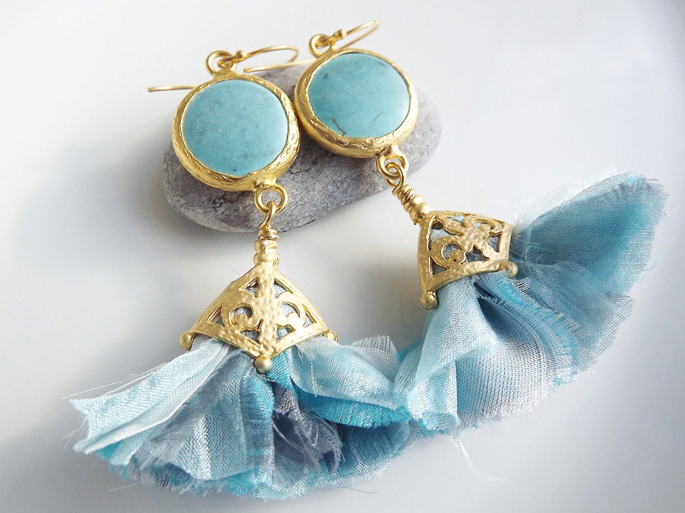 Dangly Turquoise Earrings with Batik Silk Tassels - Gold - Valentines Day Gift