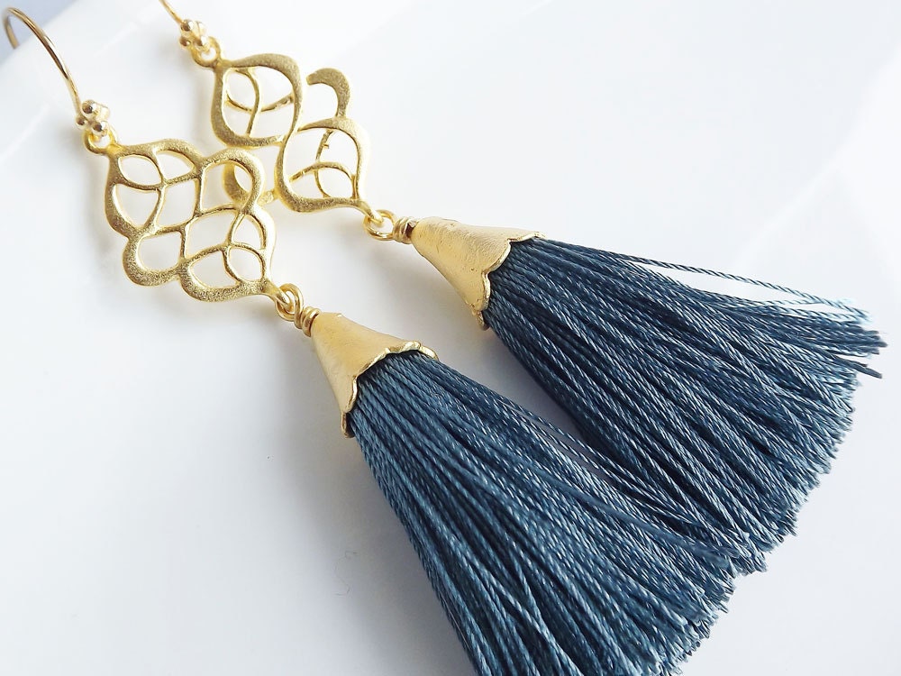 Tassel Earrings - Dangly Swirly Marquise Arabesque  - Smokey Deep Turquoise Gold
