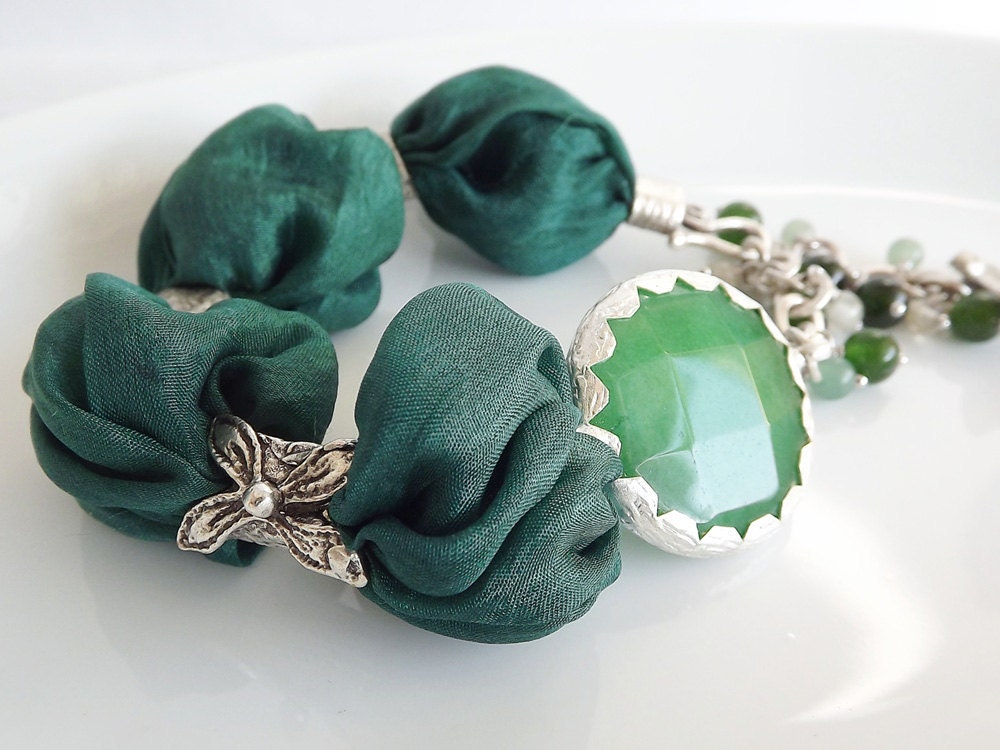 Green Turkish Silk Bracelet - Forest Green Jade / Dragonfly charm