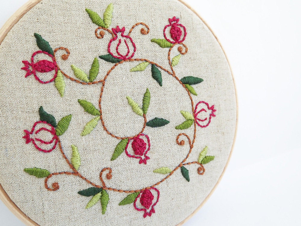 Embroidery Hoop Art - Whirling Whimsical Pomegranate Wall Hanging - Wall Art - Red - Green