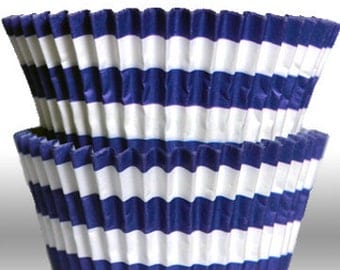 Blue GREASEPROOF Rugby Stripe Baking Cups Cupcake Liners - Quantity 50