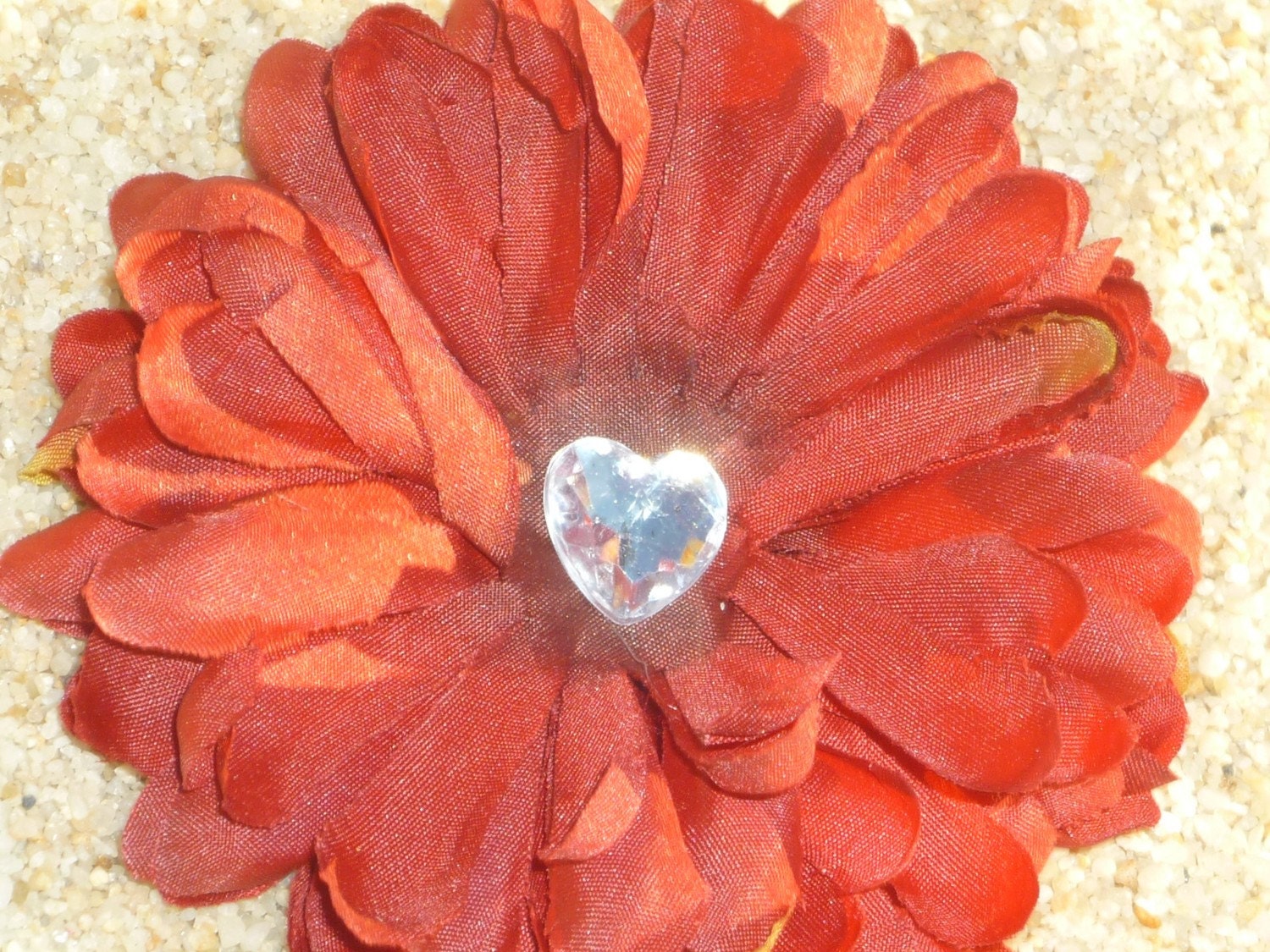 pretty red mum flower with heart rhinestone HAIR clip OR pin