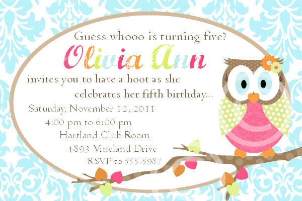 Woodland Owl Invitation Custom Printable Birthday Party Baby Shower Invite Announcement Vintage Damask No Photo by BeeAndDaisy Il_570xn