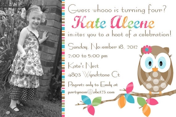 Hoot Owl Tree Photo Invitation Custom Girls Birthday Party or Baby Shower Invite Announcement DIY Printable by BeeAndDaisy Il_570xn