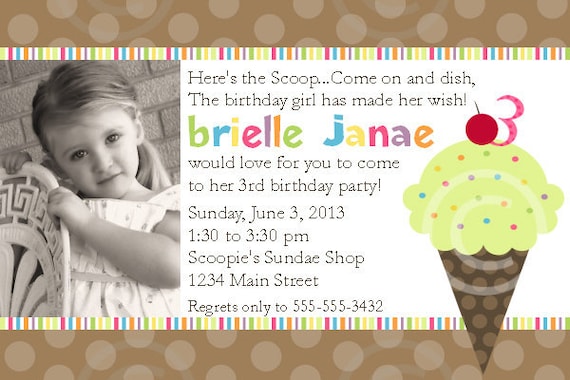 Ice Cream Printable Photo Invitation for Birthday Party or Baby Shower DIY Custom Invite by BeeAndDaisy Il_570xn