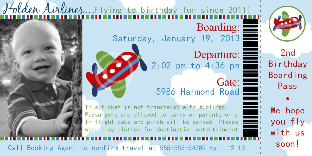 Airplane Ticket Printable Photo Invitation for Birthday Party or Baby Shower DIY Custom Invite by BeeAndDaisy Il_570xn