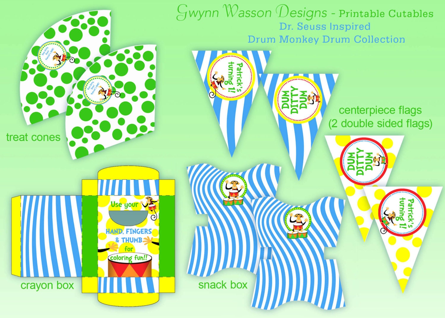 Drum Monkey Drum Party Package  - Dr. Seuss Inspired Birthday Collection Banner Invitation TONS MORE- Gwynn Wasson Designs PRINTABLE