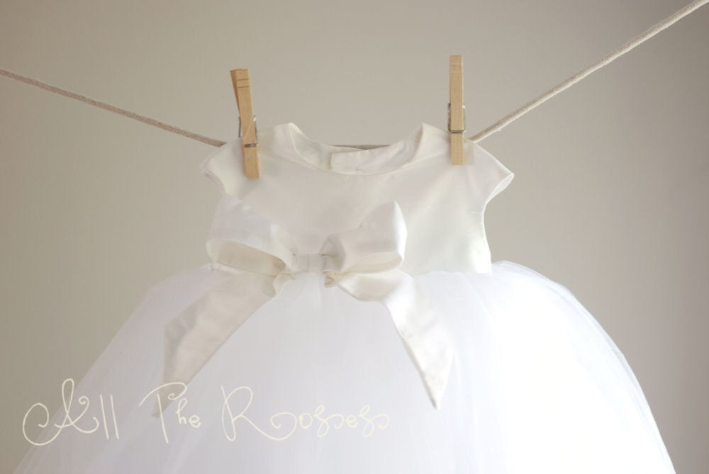 Dupioni silk dress with capped sleeve and silk bow accent --perfect for christening, christmas, portraits