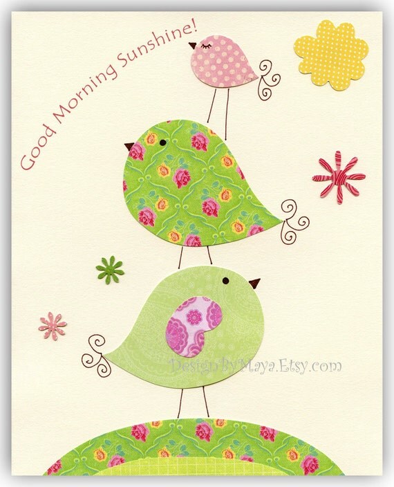 Baby girl room Decor, Nursery wall art, Love birds..Good morning Sunshine, pink and green nursery