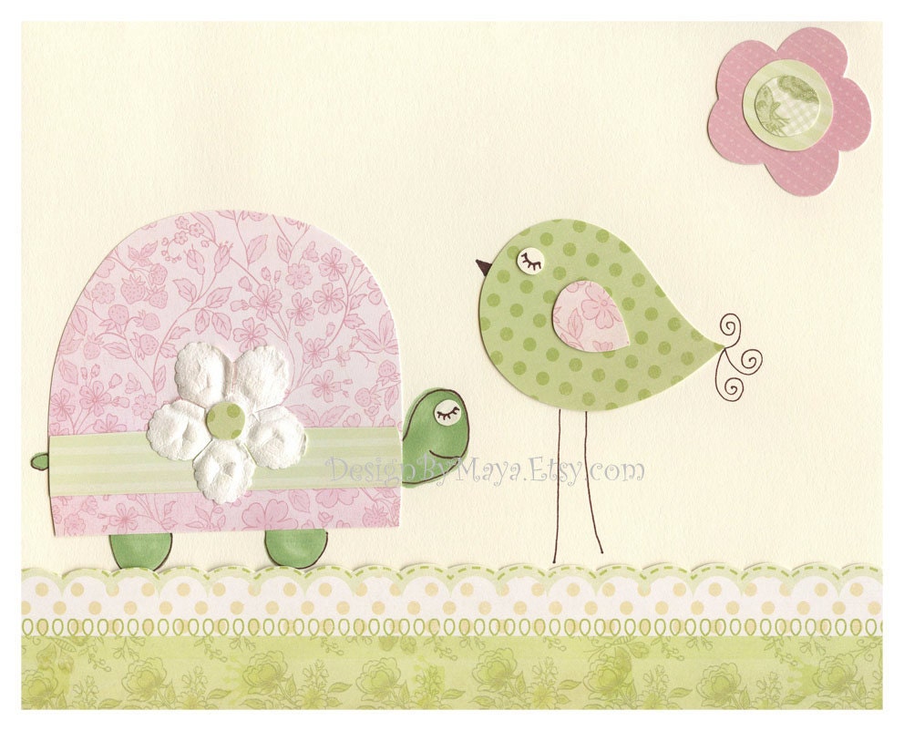 Nursery Print Art Decor Kids Print birds ...Shabby chic Pink turtle match to the colors Carousel - French Angel Toile Baby Crib Bedding