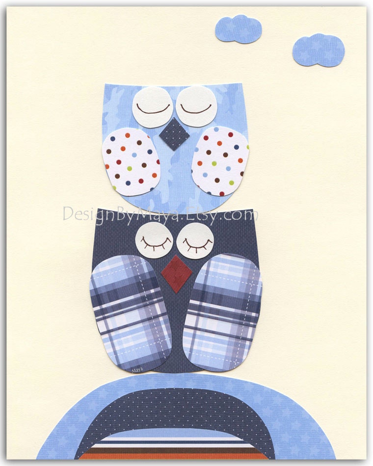Nursery wall art, baby boy room decor, children room art, owls...two blue owls