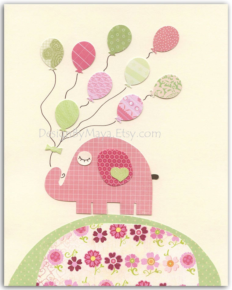 Nursery wall art print, Baby girl room decor, baby elephant, Pink elephant with balloons, bright pink light pink