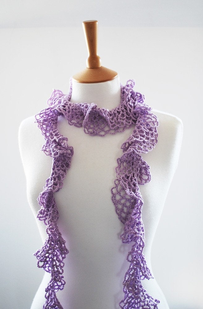 delicate lace crochet scarf in lilac feminine for her - cotton