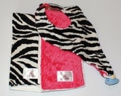 3pc Pacifier Bib and Burp Cloths SET -- Black and White Zebra Minky and Hot Pink Minky Dot