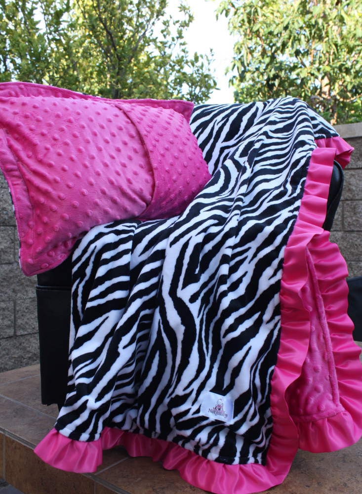 CUSTOM MADE -- 3pc SET  Toddler/ Crib Blanket, Toddler Pillow & Pillow Case -- Zebra Print Minky with Hot Pink Ruffles