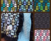 Toddler/ Crib Blanket -- Michael Miller Groovy Guitars Cotton Print with Solid Color Minky & Satin Trim -- CUSTOM MADE