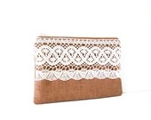 brown linen zipper pouch with cotton crochet trim / linen / spring fashion / bridesmaids
