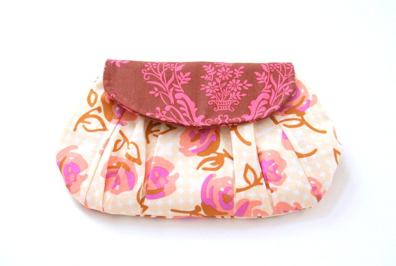 pleated summer clutch purse / summer fashion / pink and brown / floral / mothers day