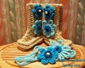 Buggs-  Heather Ugg Styled  Crochet Booties w/ Flower Detail and Matching Headband in Aqua and Teal