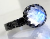 Blue Flash Rose Cut Rainbow Moonstone Ring Sterling Silver