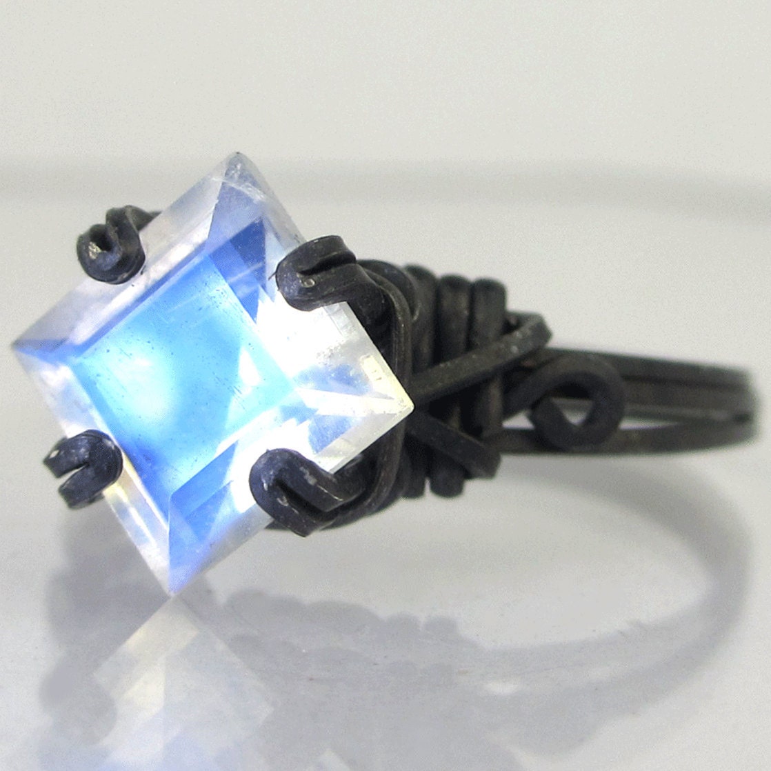 Princess Cut Rainbow Moonstone Oxidized Sterling Silver Ring