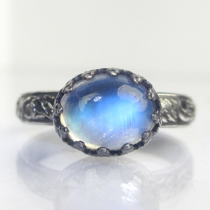 Blue Flash Rainbow Moonstone Ring Sterling Silver