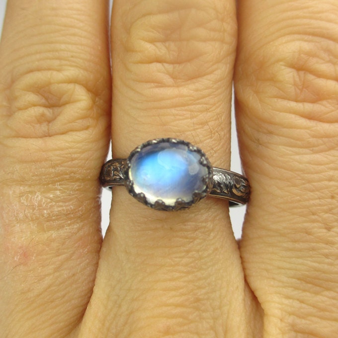 Blue Flash Rainbow Moonstone Ring Sterling Silver